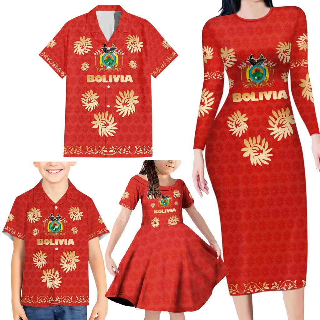 Bolivia National Emblem Family Matching Long Sleeve Bodycon Dress and Hawaiian Shirt with Floral Pattern and Red Folk Design