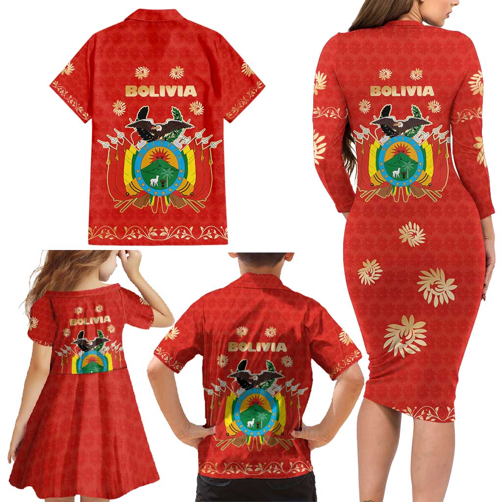 Bolivia National Emblem Family Matching Long Sleeve Bodycon Dress and Hawaiian Shirt with Floral Pattern and Red Folk Design