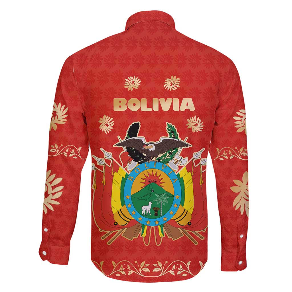 Bolivia National Emblem Family Matching Long Sleeve Bodycon Dress and Hawaiian Shirt with Floral Pattern and Red Folk Design
