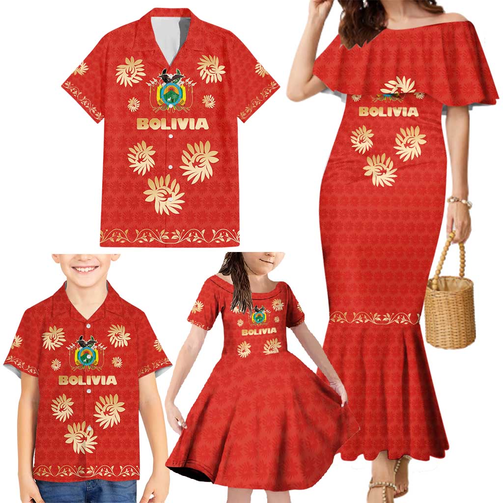 Bolivia National Emblem Family Matching Mermaid Dress and Hawaiian Shirt with Floral Pattern and Red Folk Design