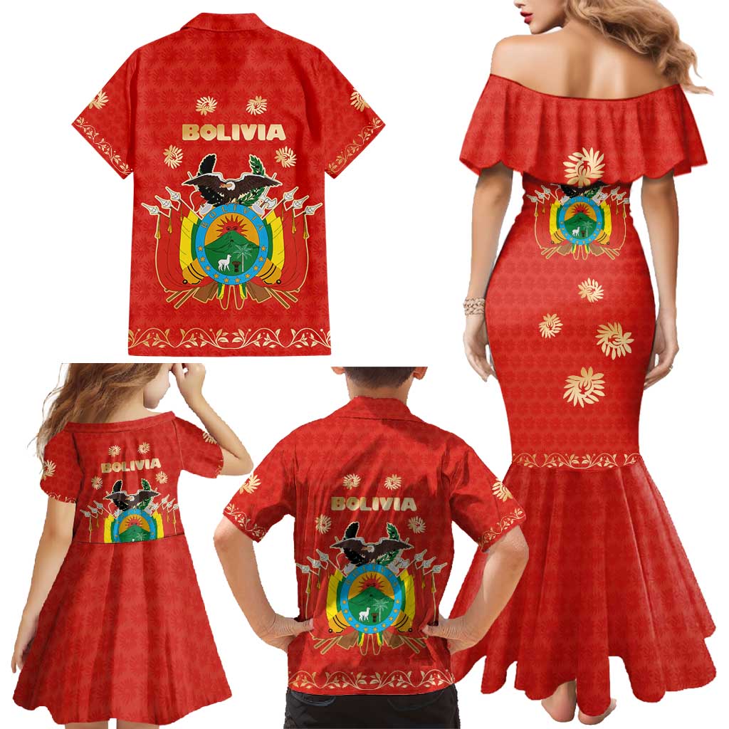 Bolivia National Emblem Family Matching Mermaid Dress and Hawaiian Shirt with Floral Pattern and Red Folk Design