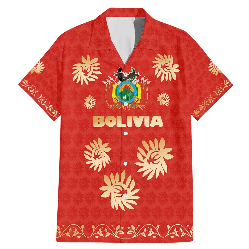 Bolivia National Emblem Family Matching Mermaid Dress and Hawaiian Shirt with Floral Pattern and Red Folk Design