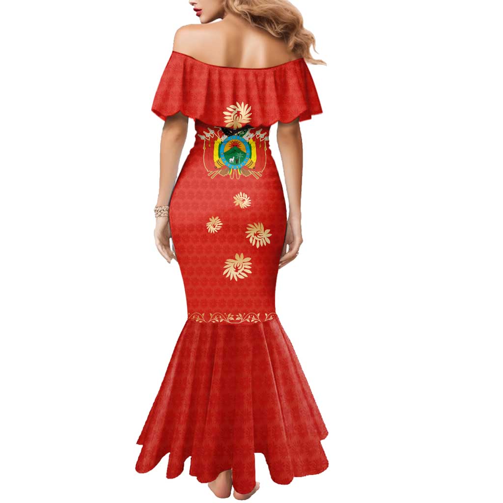Bolivia National Emblem Family Matching Mermaid Dress and Hawaiian Shirt with Floral Pattern and Red Folk Design