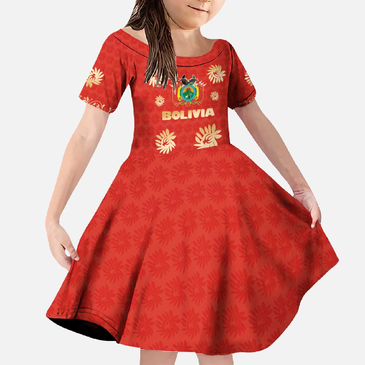 Bolivia National Emblem Family Matching Off The Shoulder Long Sleeve Dress and Hawaiian Shirt with Floral Pattern and Red Folk Design