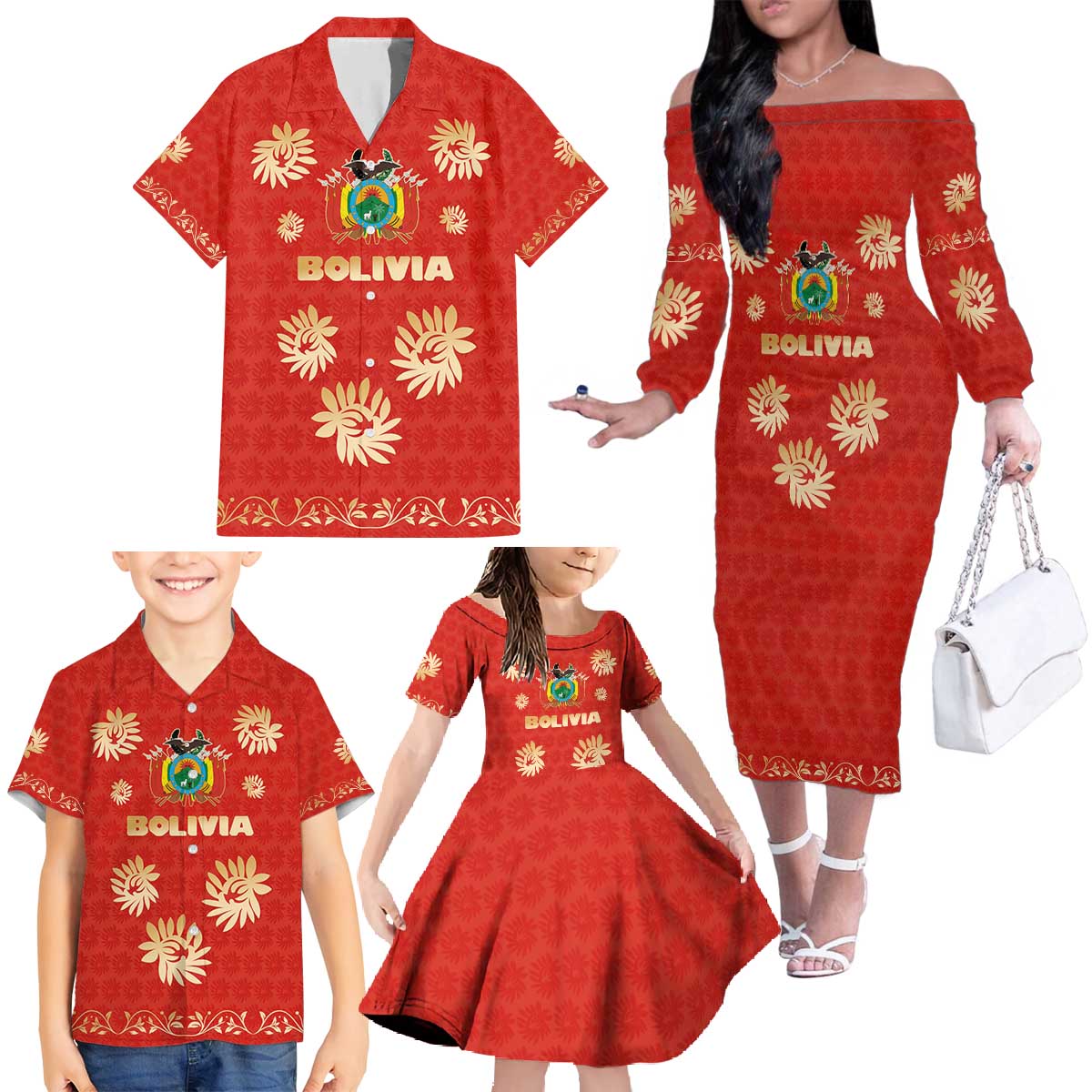 Bolivia National Emblem Family Matching Off The Shoulder Long Sleeve Dress and Hawaiian Shirt with Floral Pattern and Red Folk Design