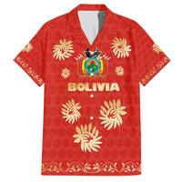 Bolivia National Emblem Family Matching Off The Shoulder Long Sleeve Dress and Hawaiian Shirt with Floral Pattern and Red Folk Design