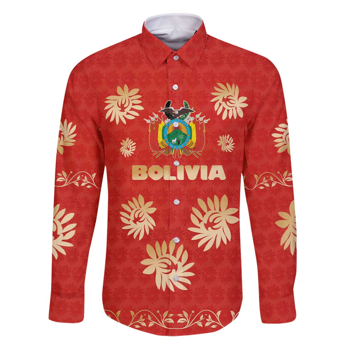 Bolivia National Emblem Family Matching Off The Shoulder Long Sleeve Dress and Hawaiian Shirt with Floral Pattern and Red Folk Design