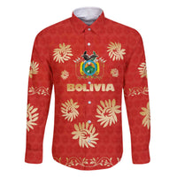 Bolivia National Emblem Family Matching Off The Shoulder Long Sleeve Dress and Hawaiian Shirt with Floral Pattern and Red Folk Design