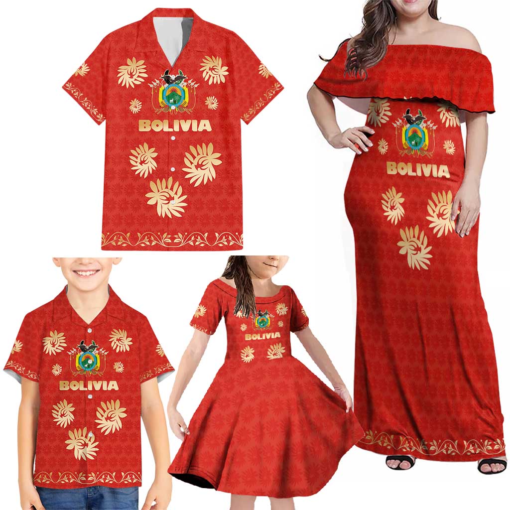 Bolivia National Emblem Family Matching Off Shoulder Maxi Dress and Hawaiian Shirt with Floral Pattern and Red Folk Design