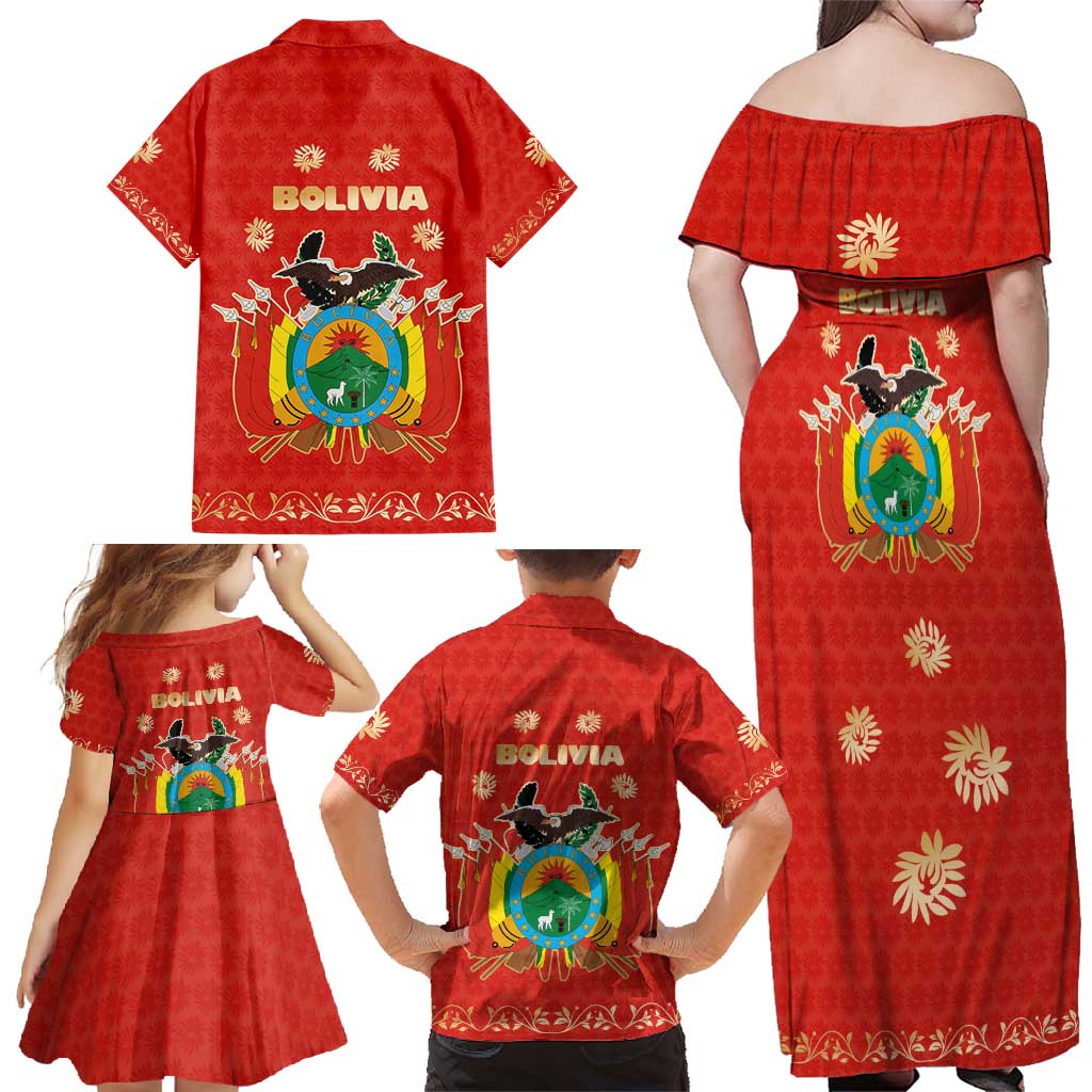 Bolivia National Emblem Family Matching Off Shoulder Maxi Dress and Hawaiian Shirt with Floral Pattern and Red Folk Design