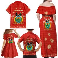 Bolivia National Emblem Family Matching Off Shoulder Maxi Dress and Hawaiian Shirt with Floral Pattern and Red Folk Design