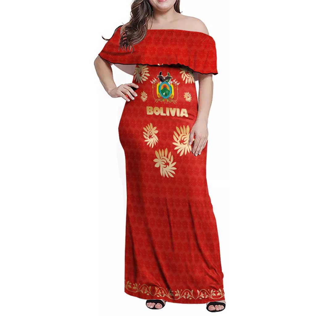 Bolivia National Emblem Family Matching Off Shoulder Maxi Dress and Hawaiian Shirt with Floral Pattern and Red Folk Design