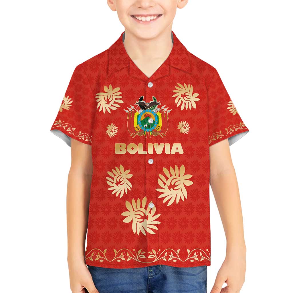 Bolivia National Emblem Family Matching Off Shoulder Maxi Dress and Hawaiian Shirt with Floral Pattern and Red Folk Design