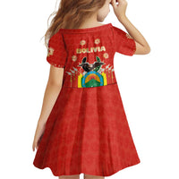 Bolivia National Emblem Family Matching Off Shoulder Short Dress and Hawaiian Shirt with Floral Pattern and Red Folk Design