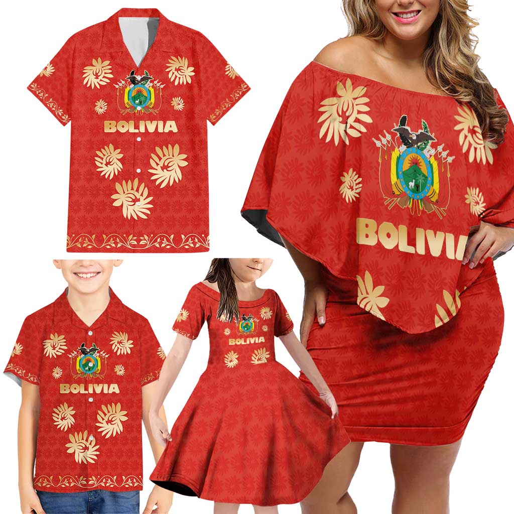 Bolivia National Emblem Family Matching Off Shoulder Short Dress and Hawaiian Shirt with Floral Pattern and Red Folk Design