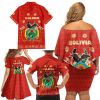Bolivia National Emblem Family Matching Off Shoulder Short Dress and Hawaiian Shirt with Floral Pattern and Red Folk Design