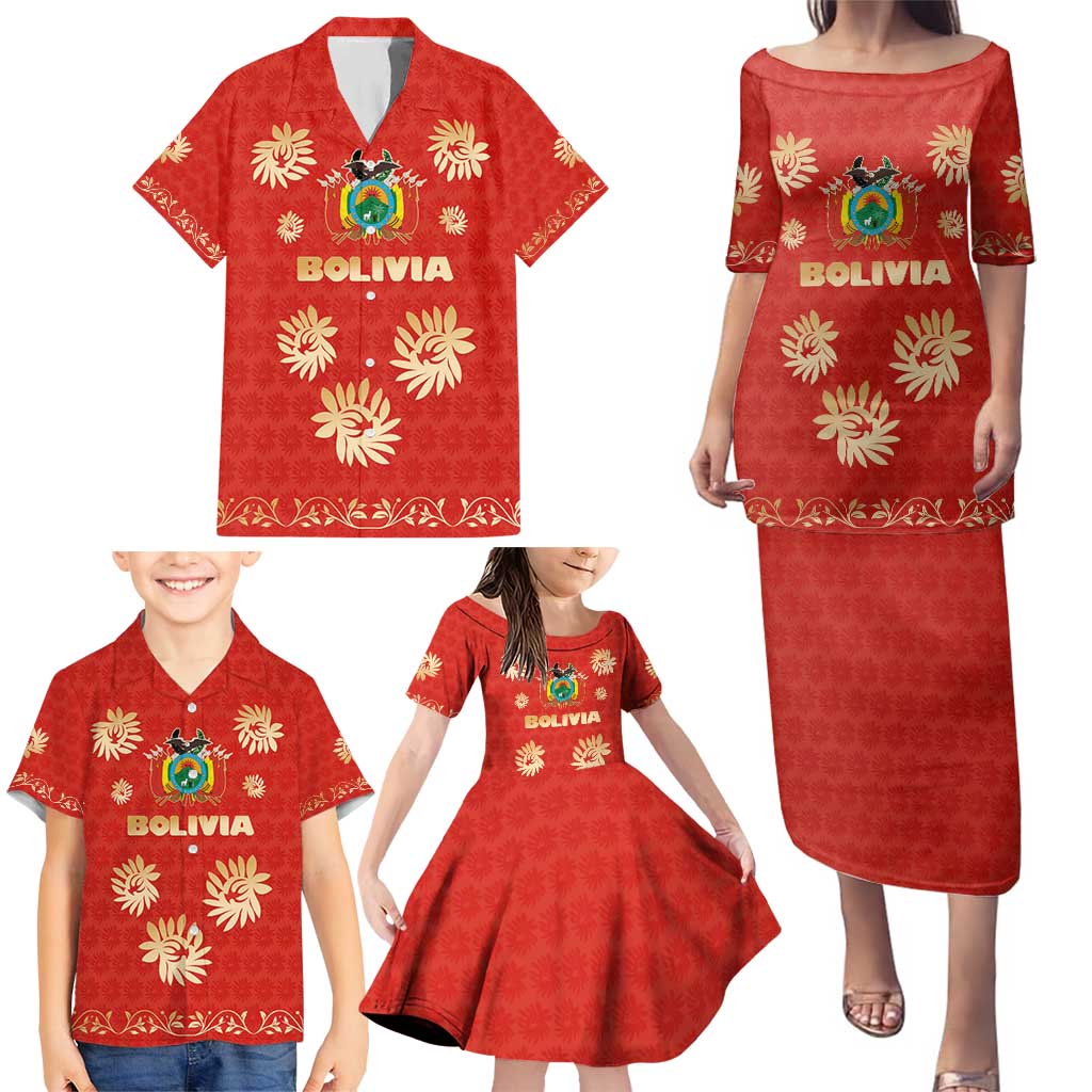 Bolivia National Emblem Family Matching Puletasi and Hawaiian Shirt with Floral Pattern and Red Folk Design