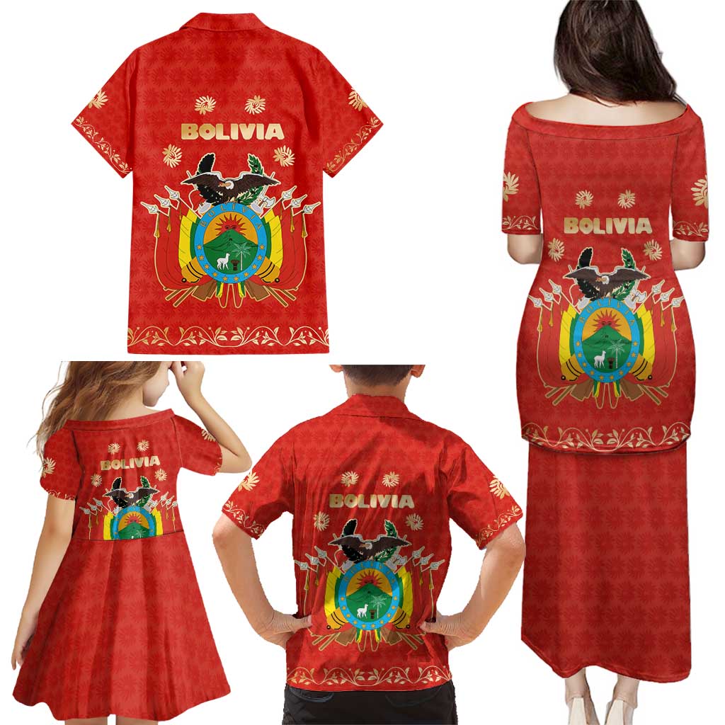 Bolivia National Emblem Family Matching Puletasi and Hawaiian Shirt with Floral Pattern and Red Folk Design