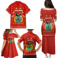 Bolivia National Emblem Family Matching Puletasi and Hawaiian Shirt with Floral Pattern and Red Folk Design