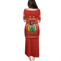 Bolivia National Emblem Family Matching Puletasi and Hawaiian Shirt with Floral Pattern and Red Folk Design