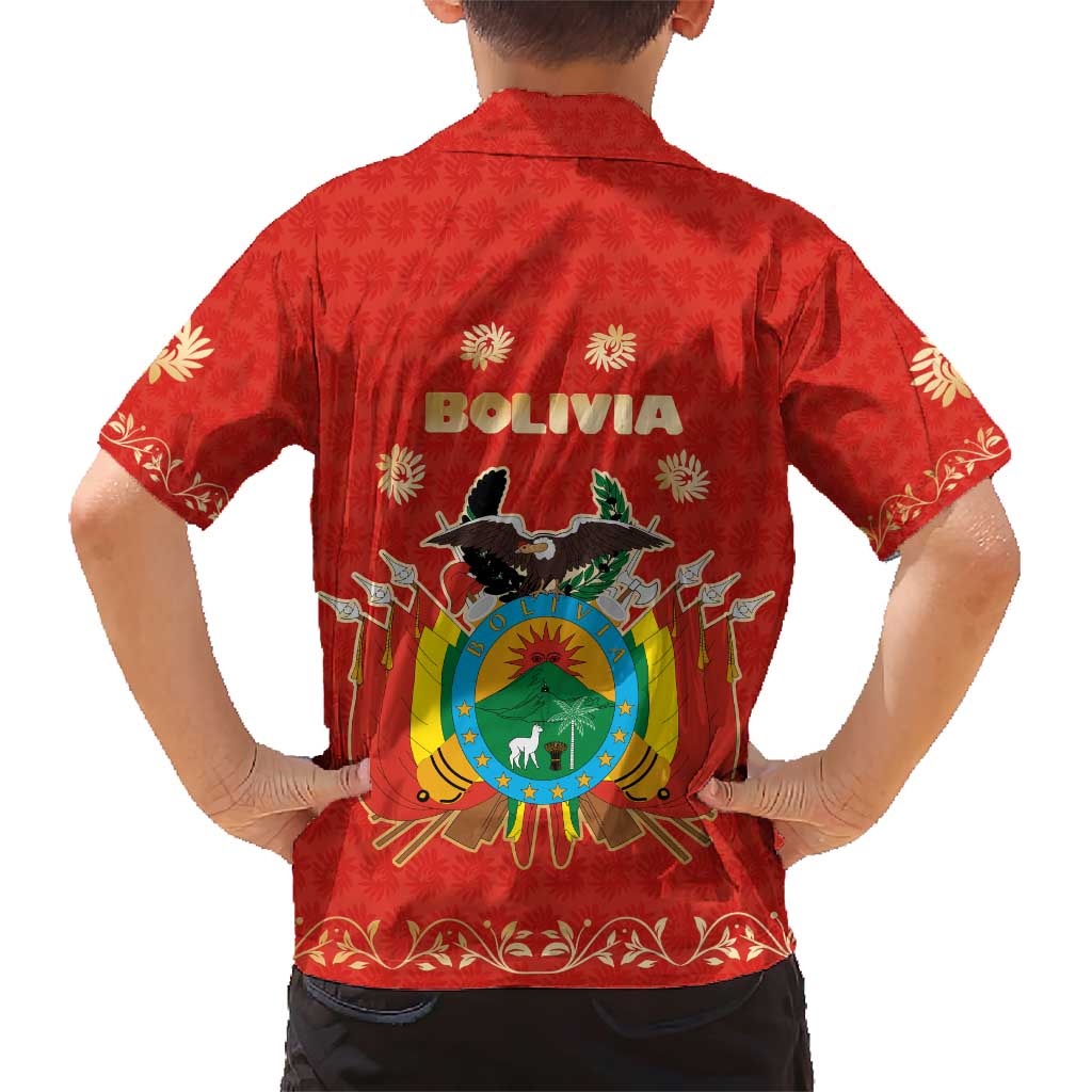 Bolivia National Emblem Family Matching Short Sleeve Bodycon Dress and Hawaiian Shirt with Floral Pattern and Red Folk Design