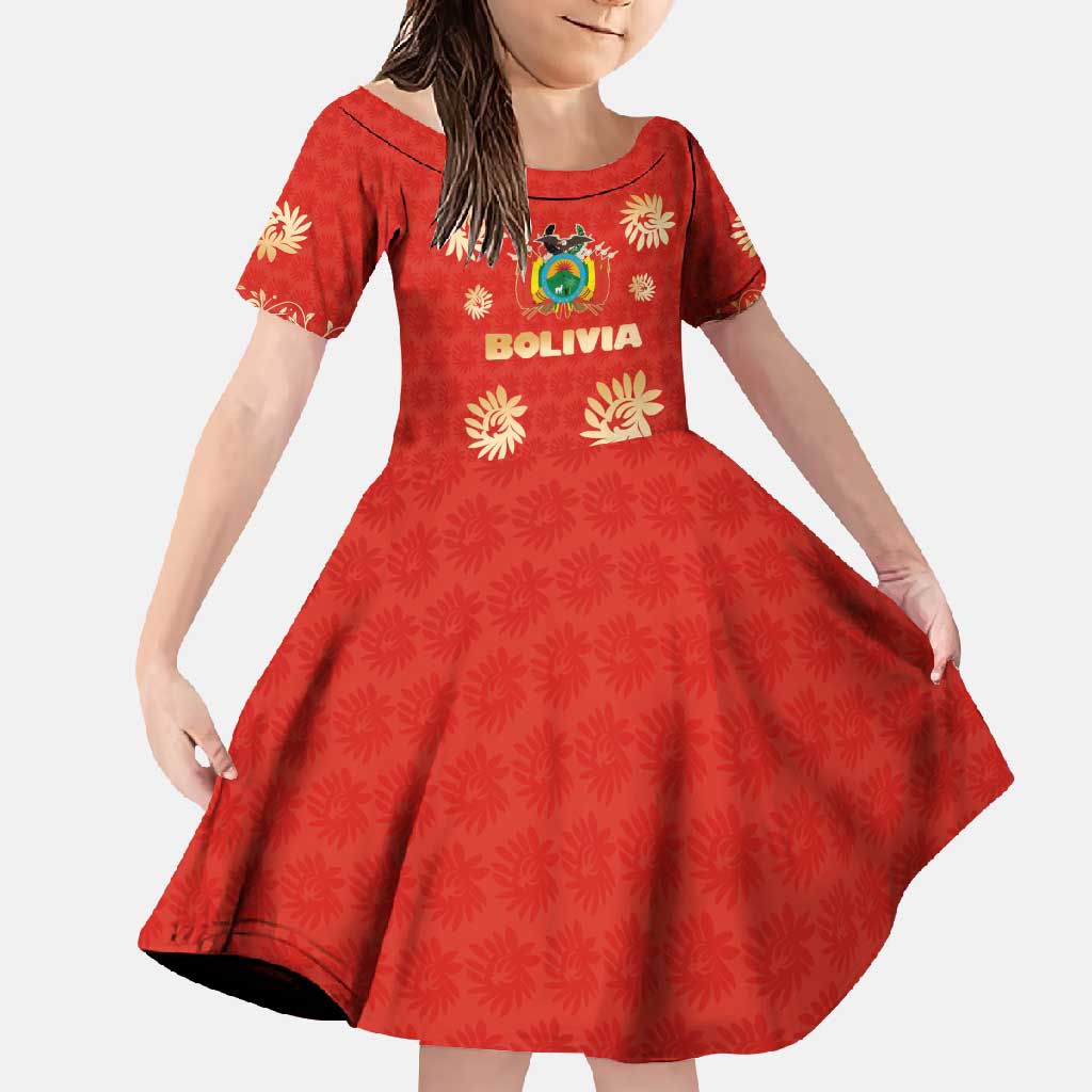Bolivia National Emblem Family Matching Short Sleeve Bodycon Dress and Hawaiian Shirt with Floral Pattern and Red Folk Design