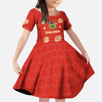 Bolivia National Emblem Family Matching Short Sleeve Bodycon Dress and Hawaiian Shirt with Floral Pattern and Red Folk Design