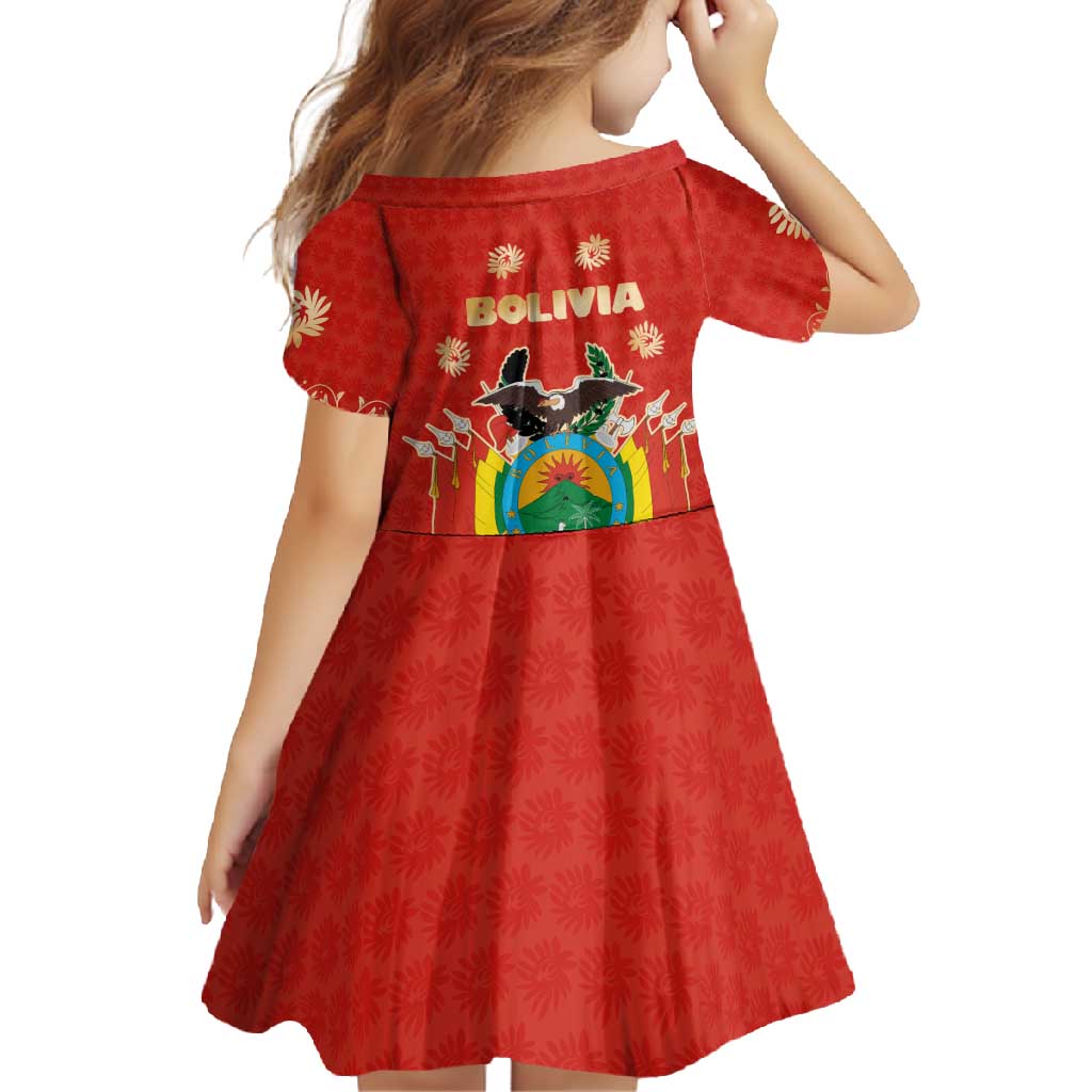 Bolivia National Emblem Family Matching Short Sleeve Bodycon Dress and Hawaiian Shirt with Floral Pattern and Red Folk Design