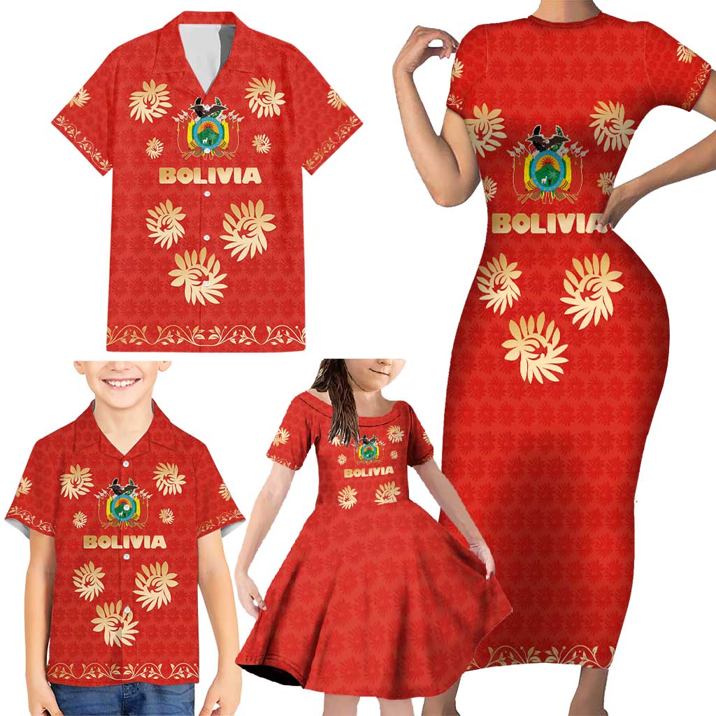 Bolivia National Emblem Family Matching Short Sleeve Bodycon Dress and Hawaiian Shirt with Floral Pattern and Red Folk Design