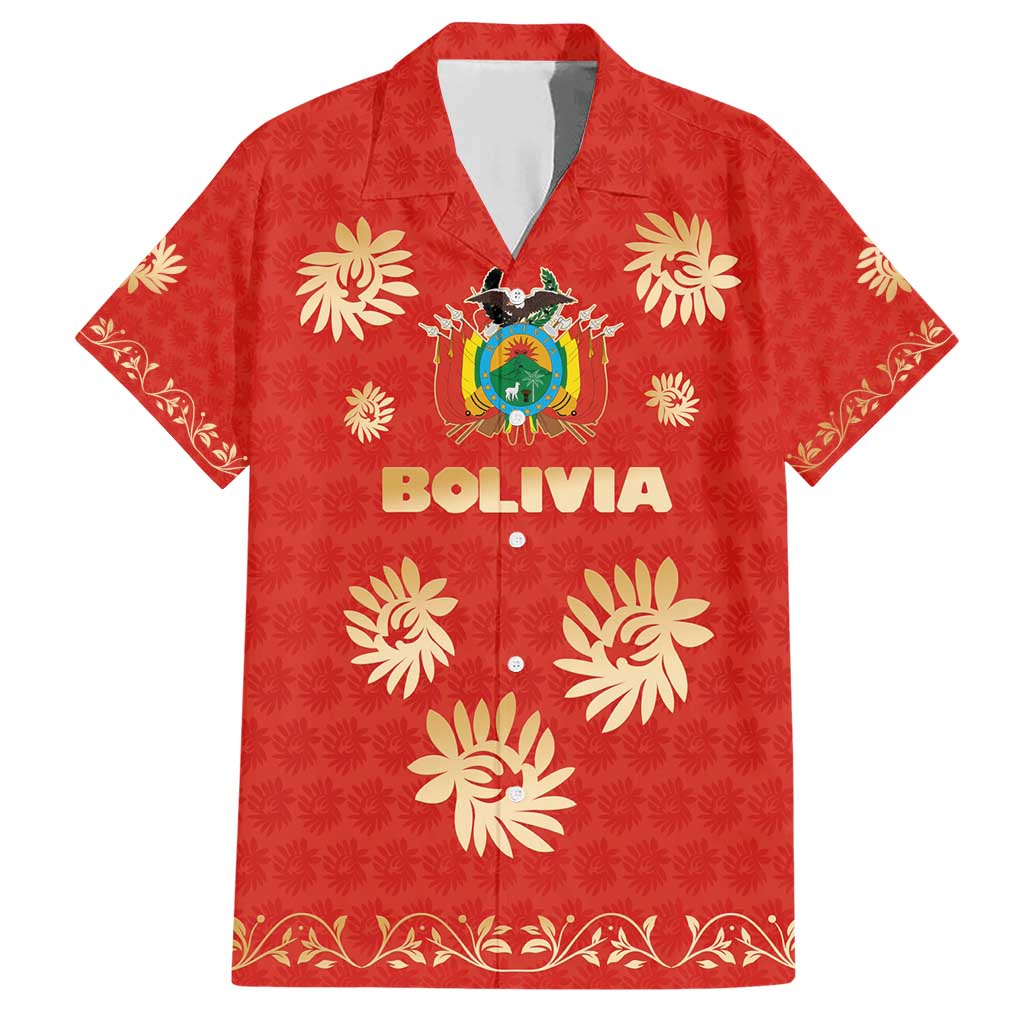 Bolivia National Emblem Family Matching Short Sleeve Bodycon Dress and Hawaiian Shirt with Floral Pattern and Red Folk Design
