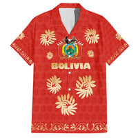 Bolivia National Emblem Family Matching Short Sleeve Bodycon Dress and Hawaiian Shirt with Floral Pattern and Red Folk Design