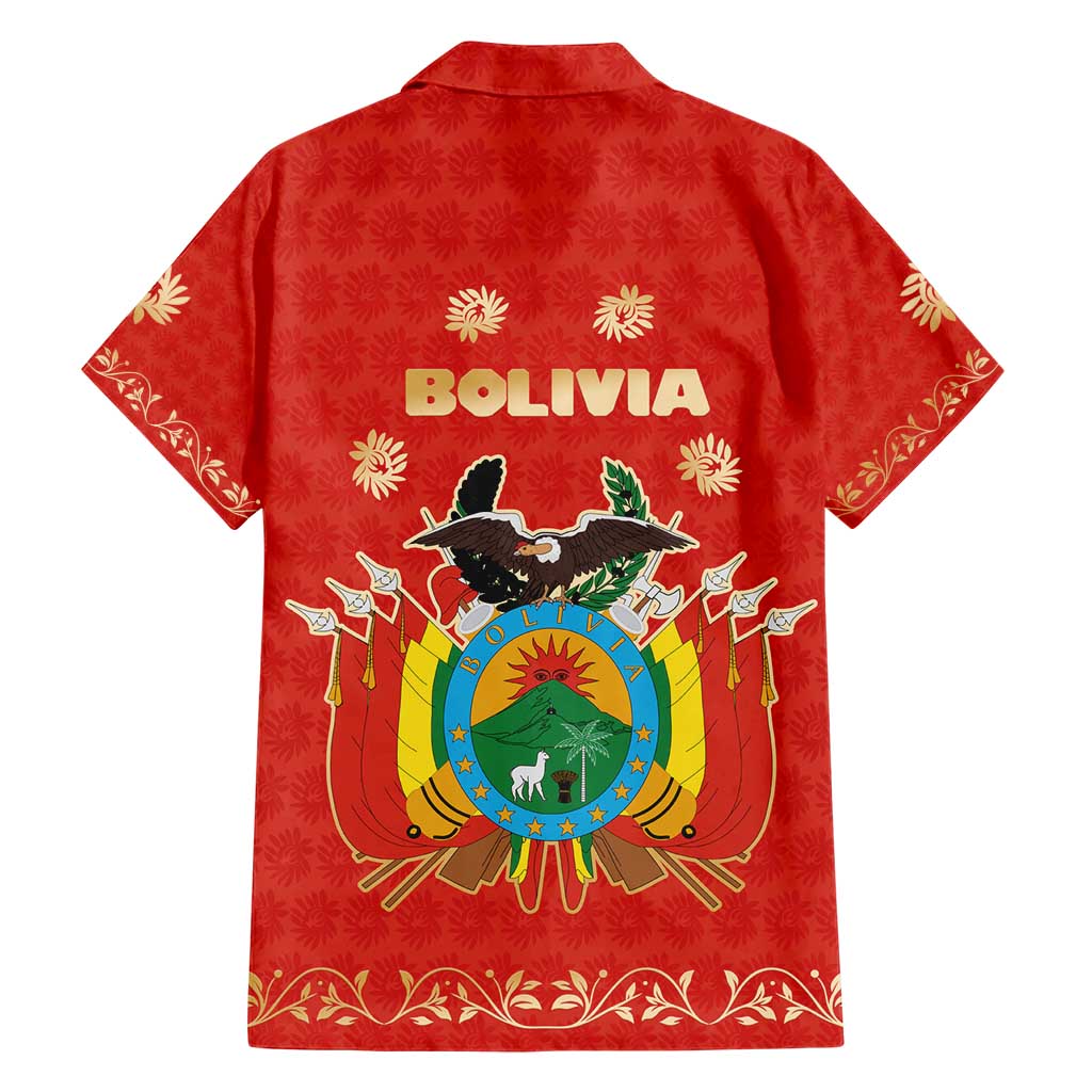 Bolivia National Emblem Family Matching Short Sleeve Bodycon Dress and Hawaiian Shirt with Floral Pattern and Red Folk Design