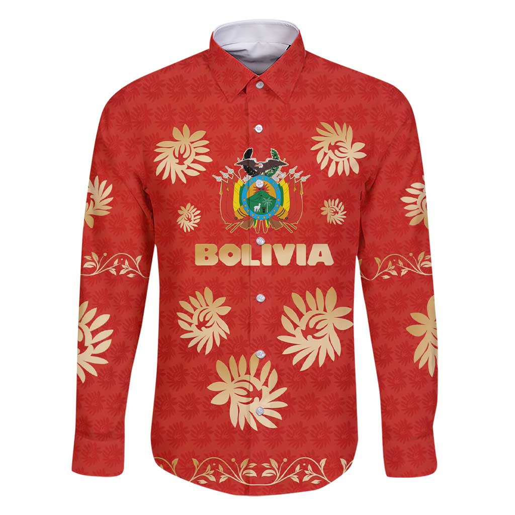 Bolivia National Emblem Family Matching Short Sleeve Bodycon Dress and Hawaiian Shirt with Floral Pattern and Red Folk Design