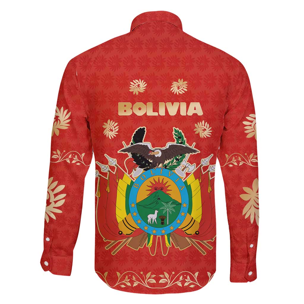Bolivia National Emblem Family Matching Short Sleeve Bodycon Dress and Hawaiian Shirt with Floral Pattern and Red Folk Design