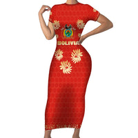Bolivia National Emblem Family Matching Short Sleeve Bodycon Dress and Hawaiian Shirt with Floral Pattern and Red Folk Design