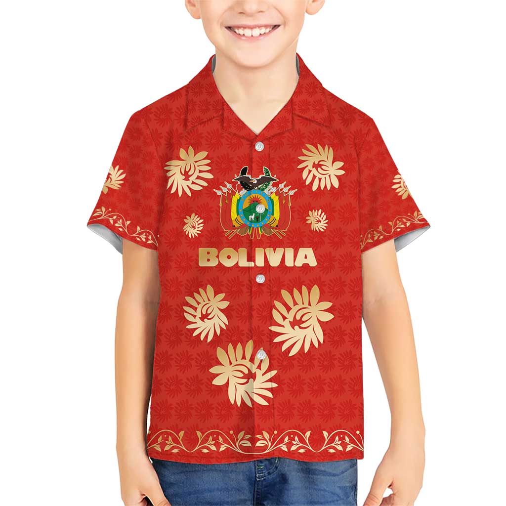 Bolivia National Emblem Family Matching Short Sleeve Bodycon Dress and Hawaiian Shirt with Floral Pattern and Red Folk Design