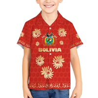 Bolivia National Emblem Family Matching Short Sleeve Bodycon Dress and Hawaiian Shirt with Floral Pattern and Red Folk Design