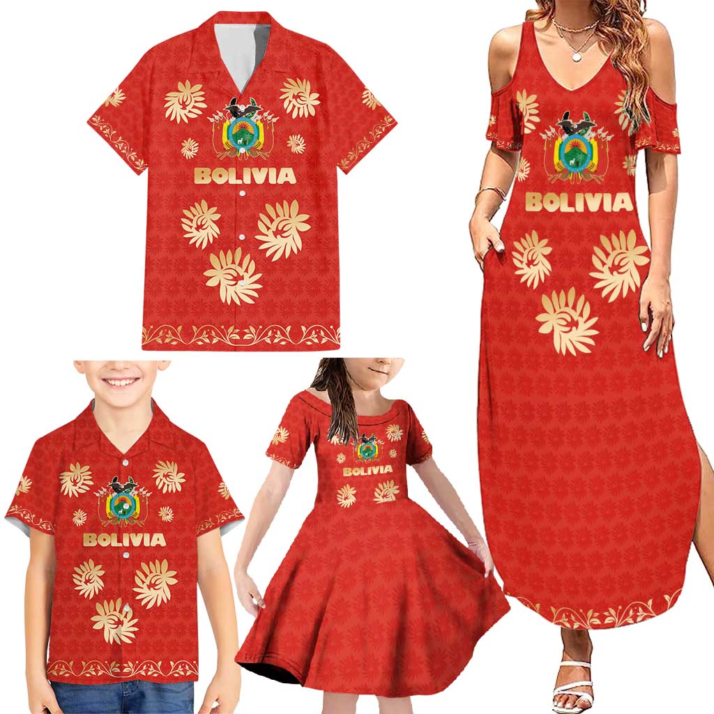 Bolivia National Emblem Family Matching Summer Maxi Dress and Hawaiian Shirt with Floral Pattern and Red Folk Design