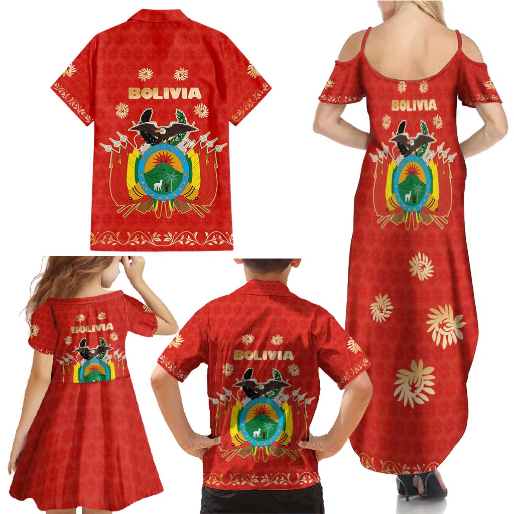 Bolivia National Emblem Family Matching Summer Maxi Dress and Hawaiian Shirt with Floral Pattern and Red Folk Design