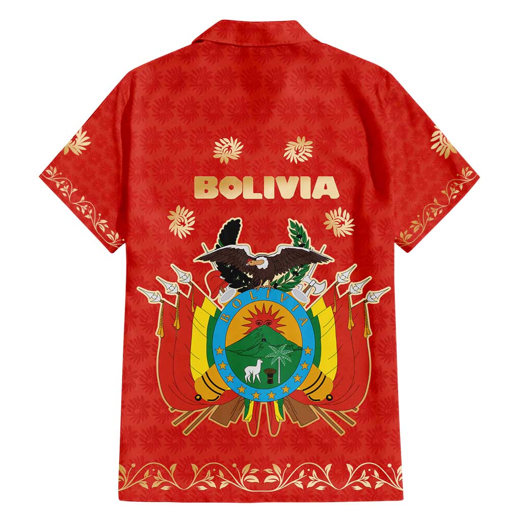 Bolivia National Emblem Family Matching Summer Maxi Dress and Hawaiian Shirt with Floral Pattern and Red Folk Design