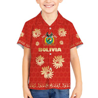 Bolivia National Emblem Family Matching Summer Maxi Dress and Hawaiian Shirt with Floral Pattern and Red Folk Design