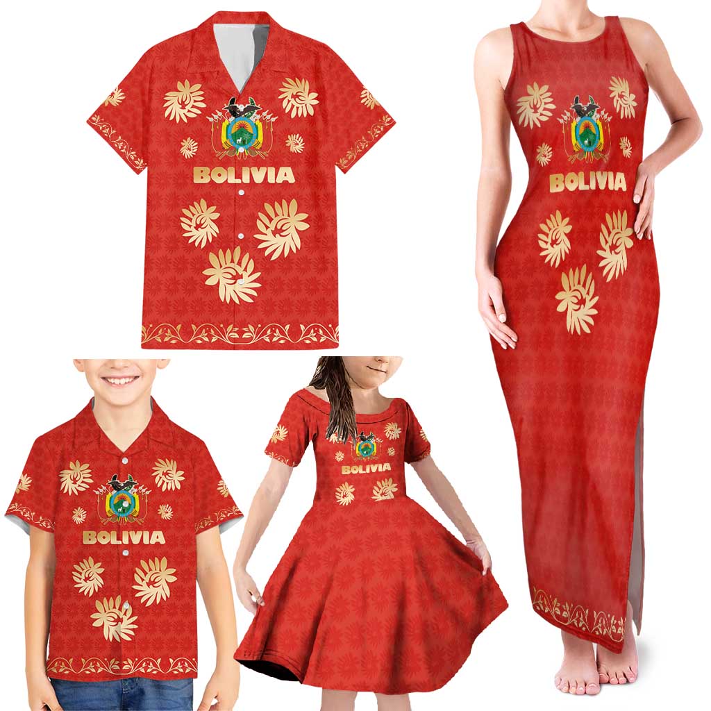 Bolivia National Emblem Family Matching Tank Maxi Dress and Hawaiian Shirt with Floral Pattern and Red Folk Design