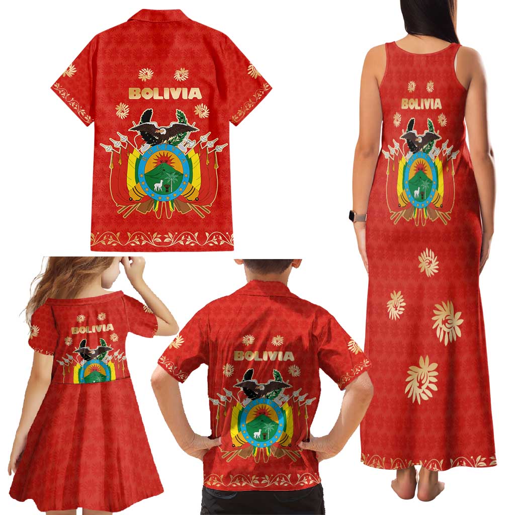 Bolivia National Emblem Family Matching Tank Maxi Dress and Hawaiian Shirt with Floral Pattern and Red Folk Design