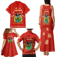Bolivia National Emblem Family Matching Tank Maxi Dress and Hawaiian Shirt with Floral Pattern and Red Folk Design