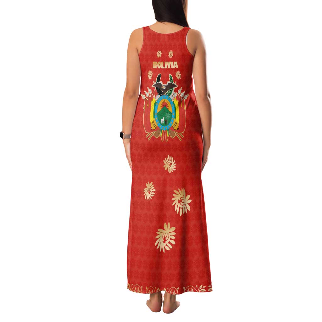 Bolivia National Emblem Family Matching Tank Maxi Dress and Hawaiian Shirt with Floral Pattern and Red Folk Design
