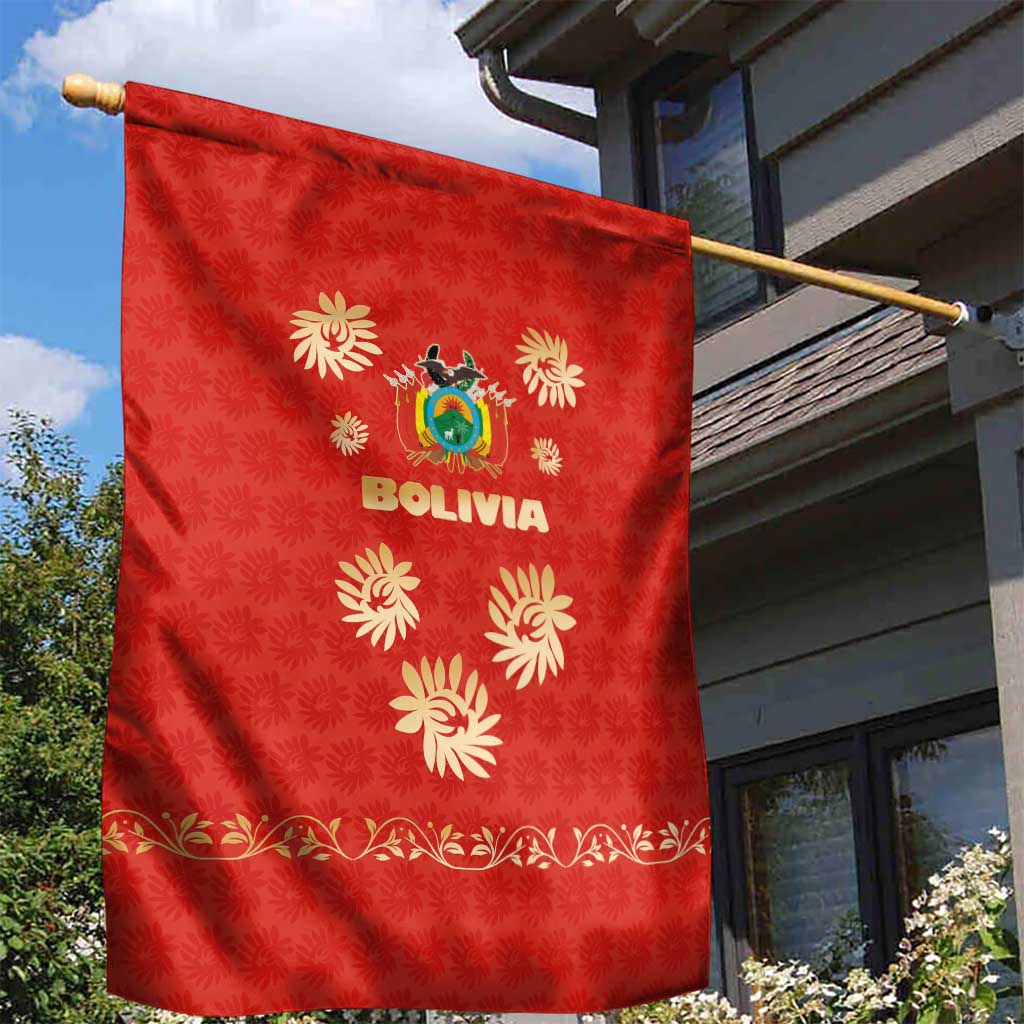 Bolivia National Emblem Garden Flag with Floral Pattern and Red Folk Design