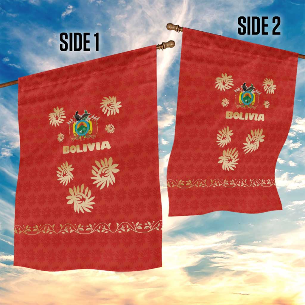 Bolivia National Emblem Garden Flag with Floral Pattern and Red Folk Design