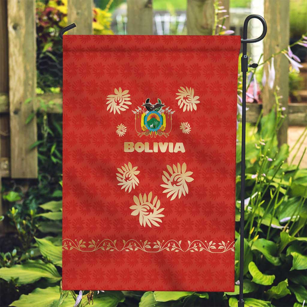 Bolivia National Emblem Garden Flag with Floral Pattern and Red Folk Design