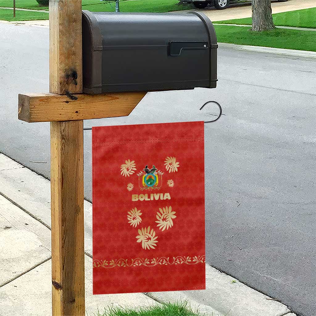 Bolivia National Emblem Garden Flag with Floral Pattern and Red Folk Design