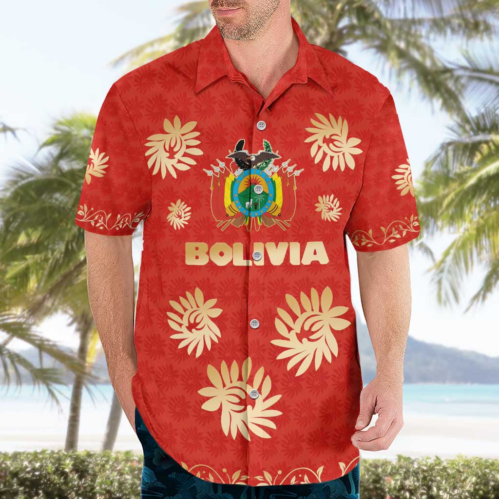 Bolivia National Emblem Hawaiian Shirt with Floral Pattern and Red Folk Design